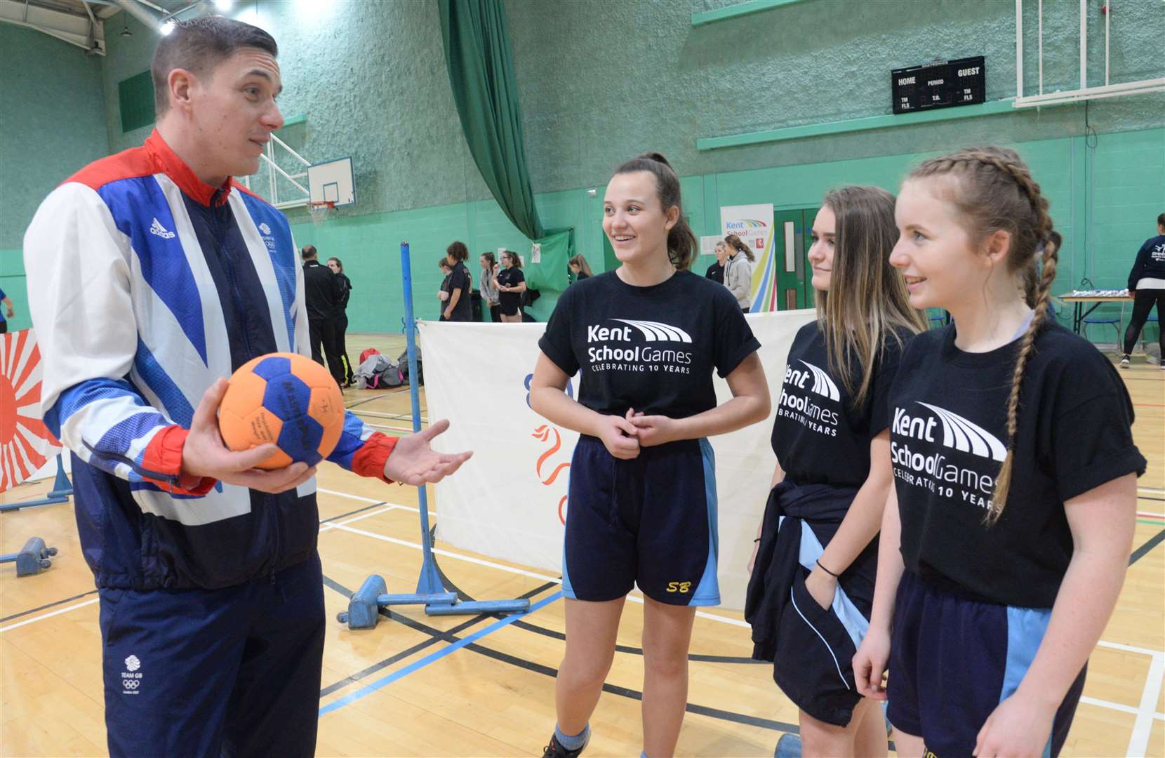 Back in 2018, GB Handball captain Bobby White chats with pupils from Fort Pitt School at the Kent School Games handball tournament at Medway Park. Picture: Chris Davey (43967924)