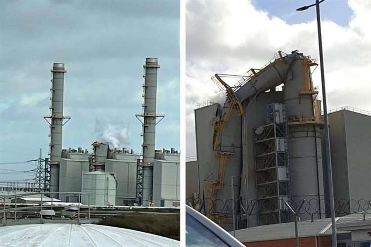 A power station tower in Grain was knocked down by the wind