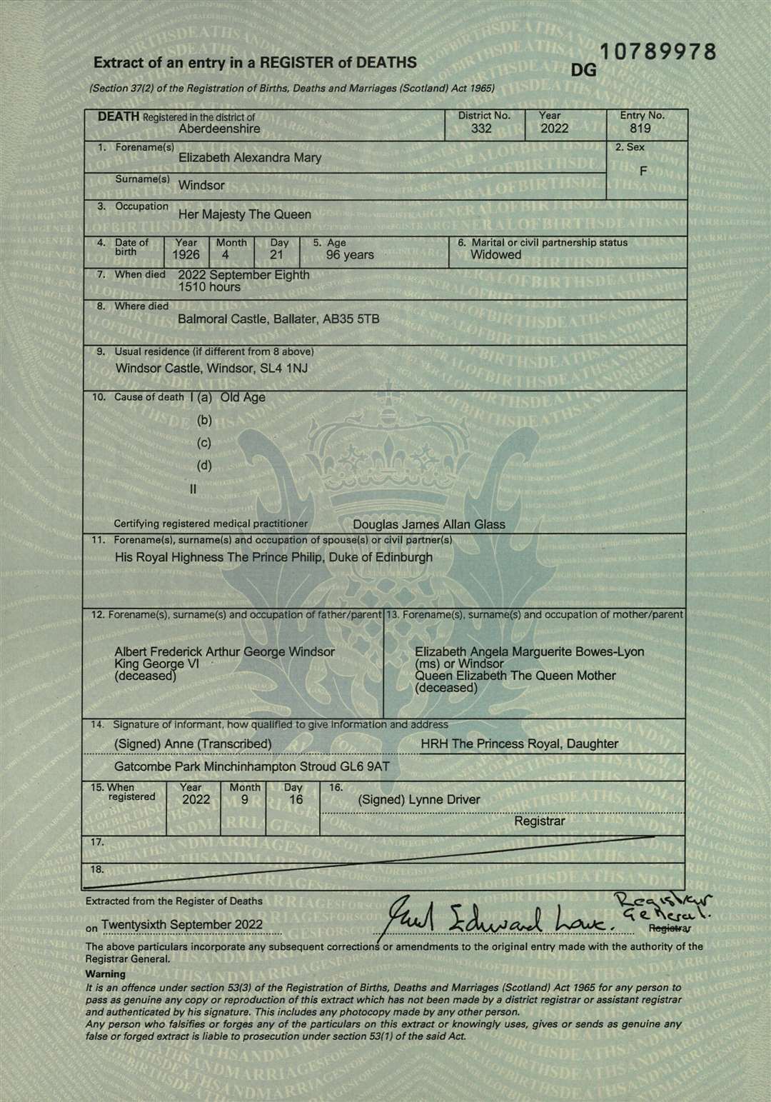 Queen Elizabeth II's death certificate. Picture: National Records of Scotland