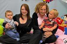 Harvey Hamilton, 11 mths, with mum Emily Bean, Nursery Nurse Rosie Smith and Danny, 15 mths