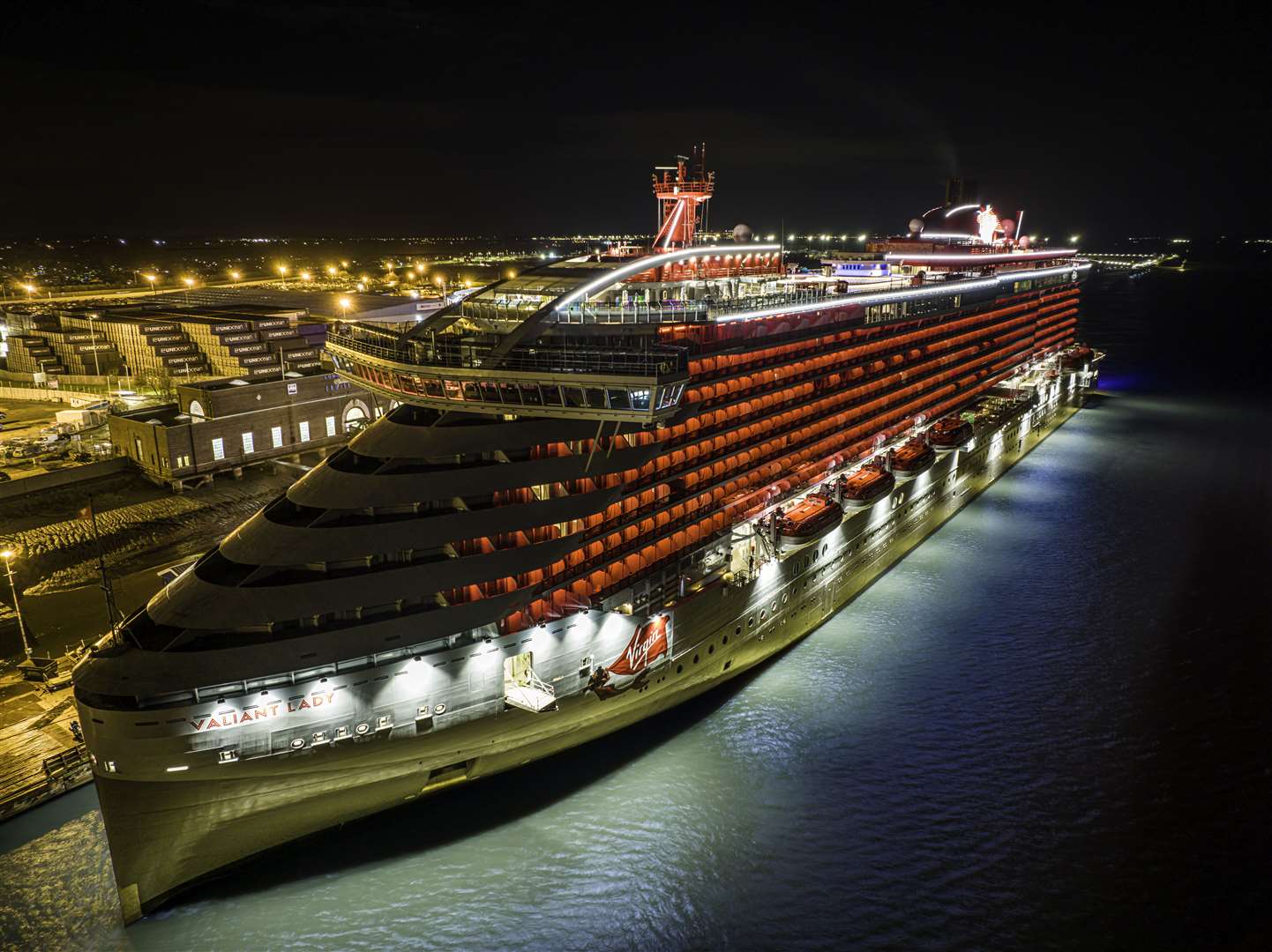 The Valiant Lady cruise ship lit up at night, docked off Gravesend. Picture: Mark Dillen / Skyshark Media