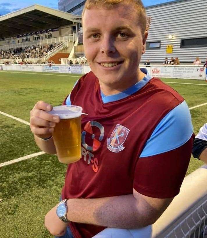 Matthew Murray, Reece Watson's best friend, enjoying a pint at the memorial game at the Gallagher Stadium in Maidstone. Picture: Matthew Murray