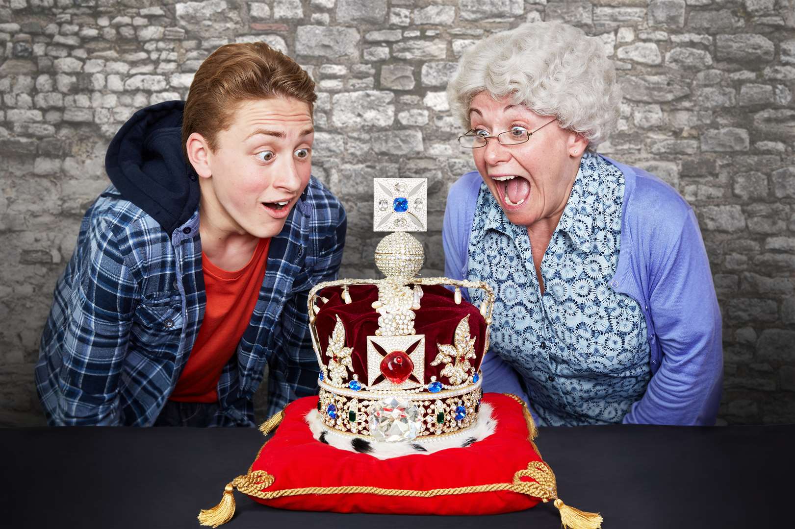 Ashley Cousins, who is playing Ben in Gangsta Granny, with Gilly his granny