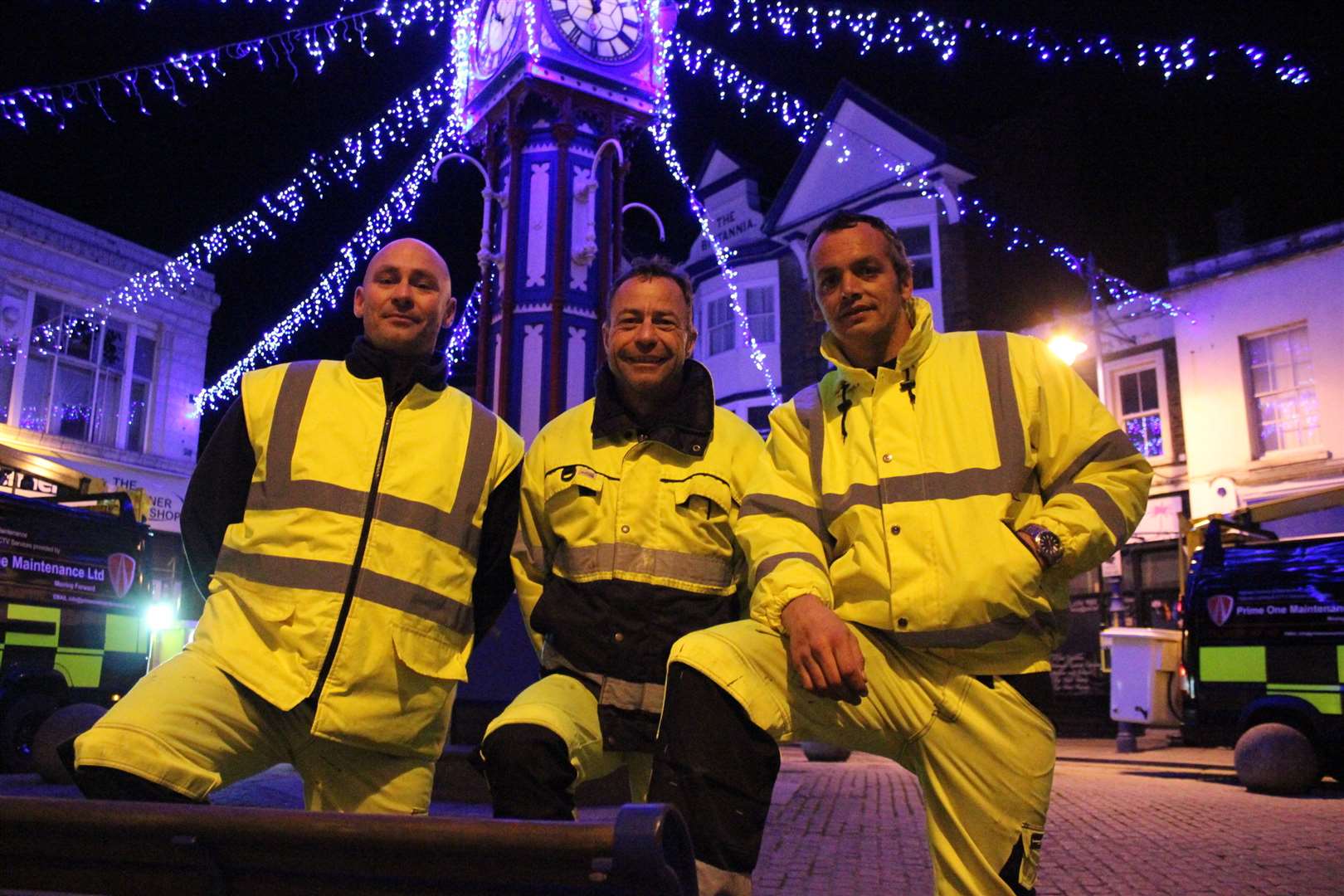 Prime One Maintenance putting up the Christmas lights in Sheerness around the clock tower. Light crew, from the left: Paul Clymer, Darren Mosdell and boss Paul Whitehead