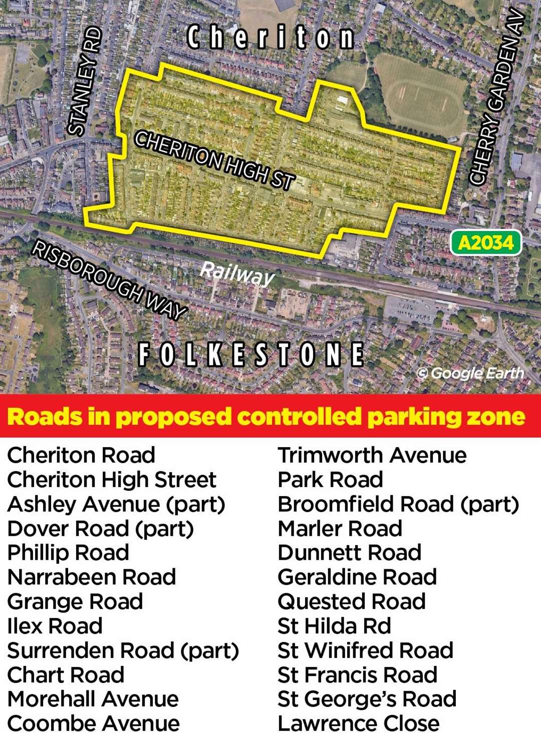Graphic showing which roads could be affected if the CPZ is introduced in Cheriton