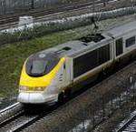 A Eurostar being tested on Monday runs very slowly towards the Channel Tunnel