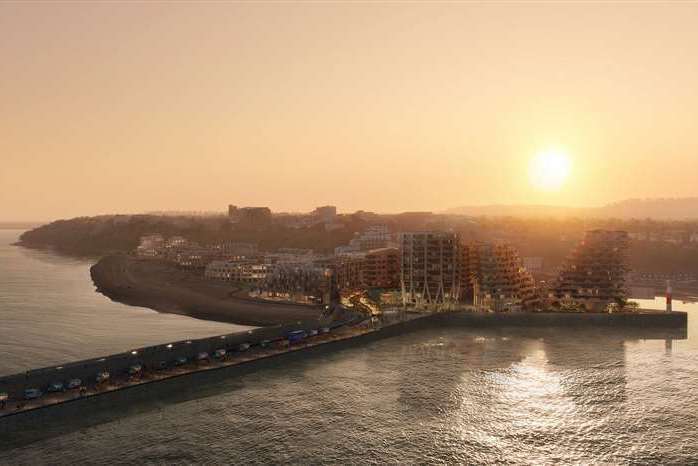 The proposed Folkestone seafront development – stretching from the already-built Shoreline Crescent flats on the left, to the tower blocks on the harbour arm car park on the right