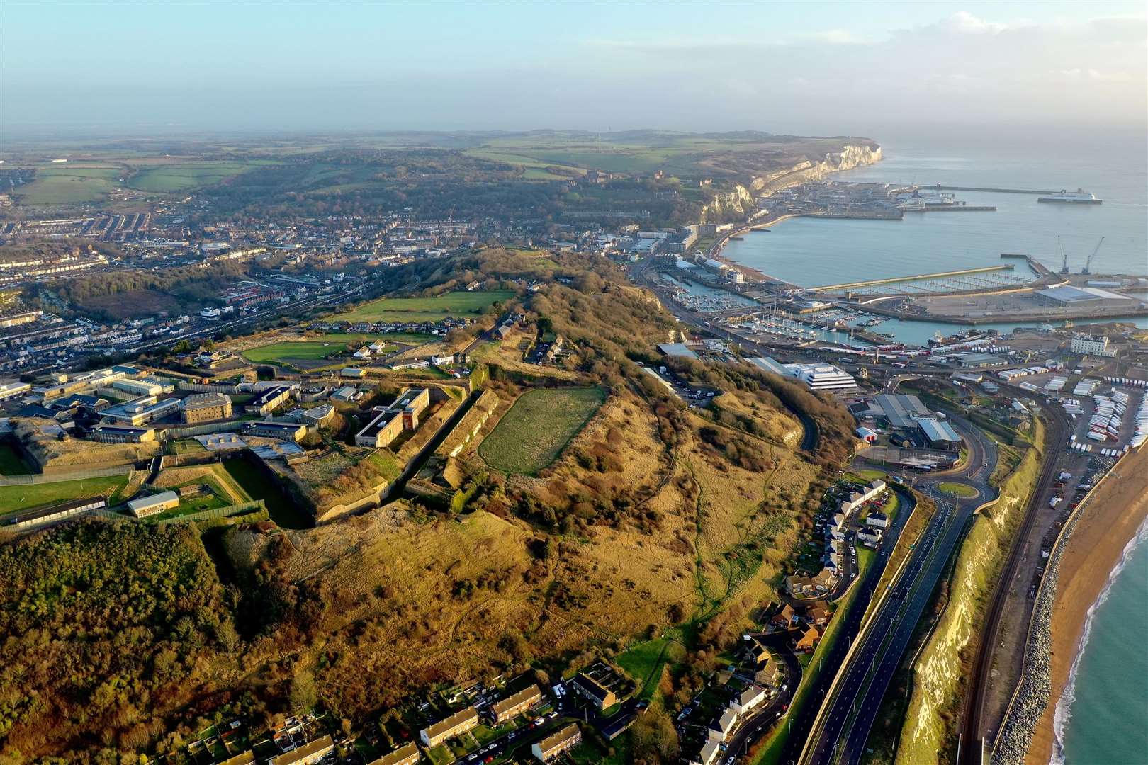 Aerial view of the Citadel with the A20 and Dover Western Docks to the right. Picture: David de Min (58808908)