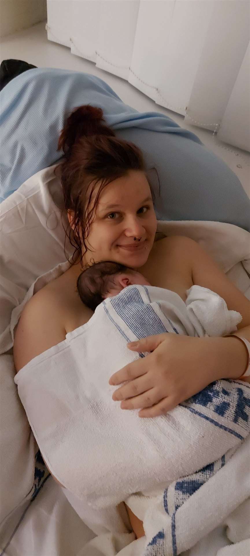 Sammie Lewis, from Sheerness, with her baby boy Elliott, who was born at Medway Maritime Hospital at 12.10am on New Year's Day - he was the first baby to be born at the hospital on the first day of 2021