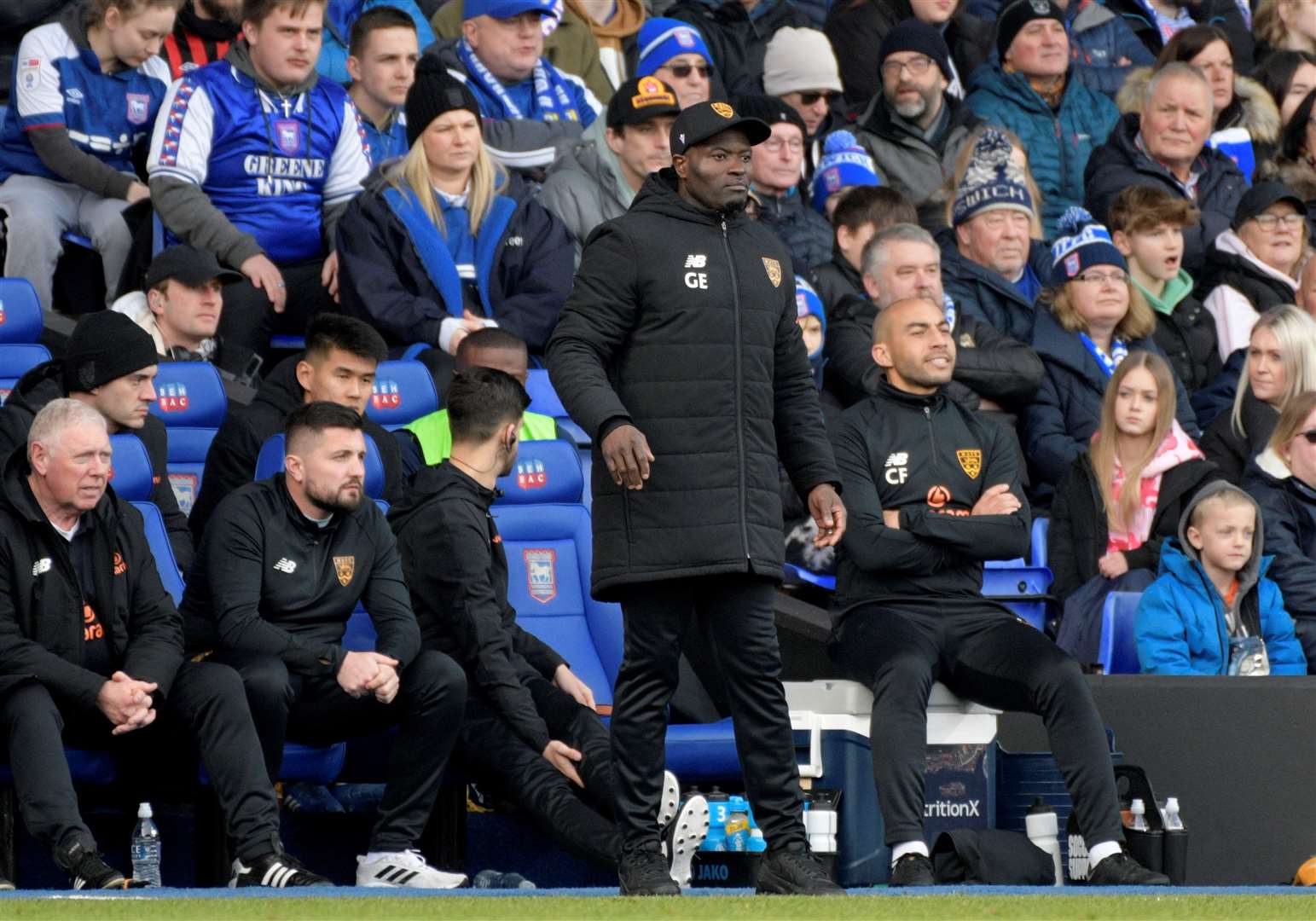 Maidstone manager George Elokobi on the touchline at Portman Road. Picture: Barry Goodwin