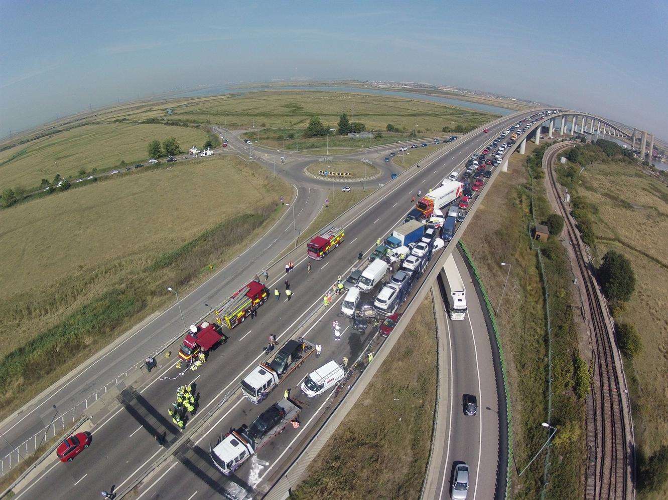 There were 150 vehicles involved in the crash on the Sheppey Crossing. Picture: Simon Burchett