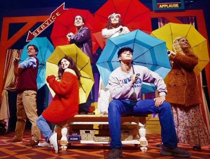 Friendsical stars Sario Solomon as Joey, Sarah Michelle-Kelly as Monica, Nelson Bettencourt as Ross, Tim Edwards as Chandler, Ally Retberg as Phoebe and Amelia Kinu Muus as Rachel. Picture: Supplied by the Orchard Theatre