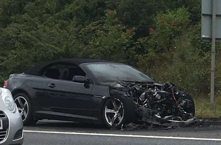 A car was left severely damaged after bursting into flames on the A2