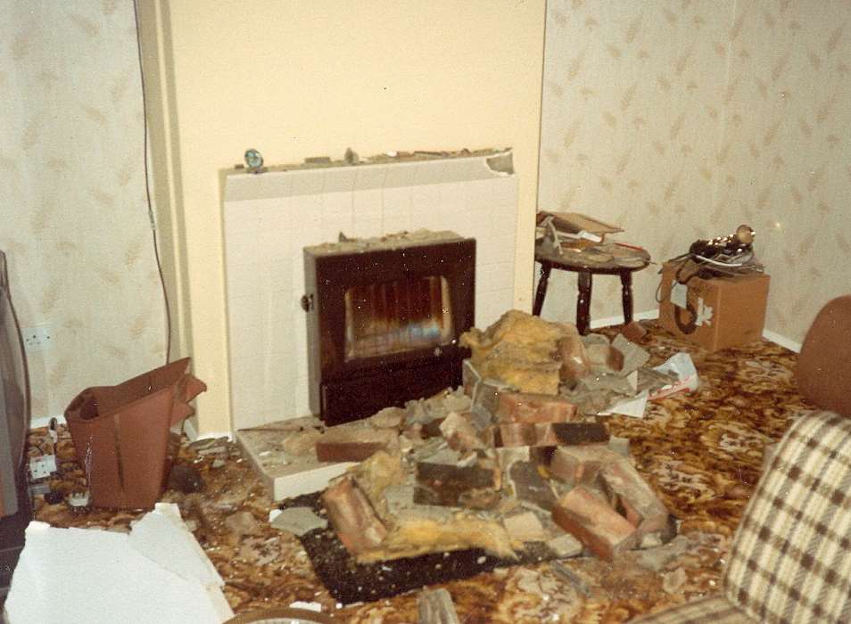 Brickwork from Betty Apps' chimney, which fell into her living room in Wye