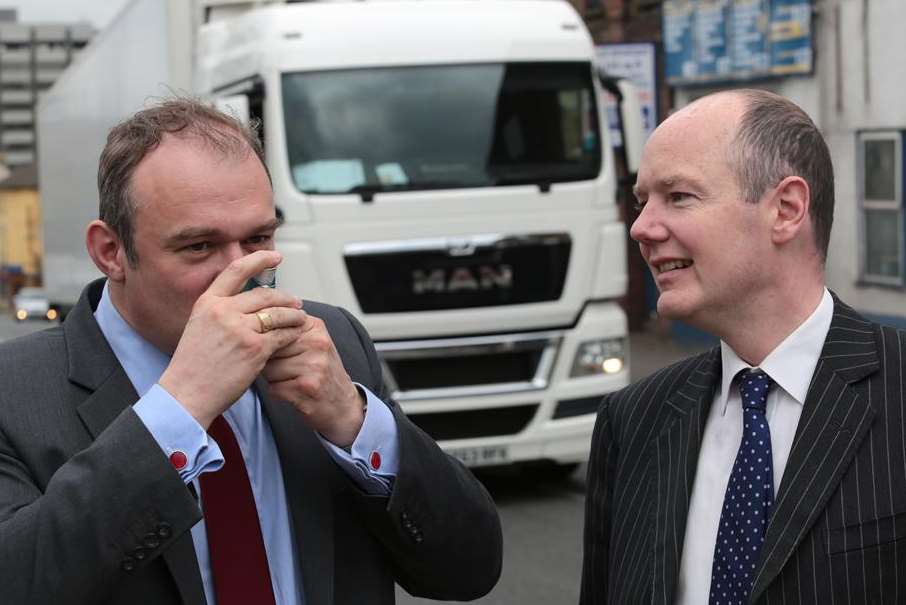 Using his inhaler, climate change secretary Ed Davey in Maidstone with local candidate Jasper Gerard. Picture: Martin Apps
