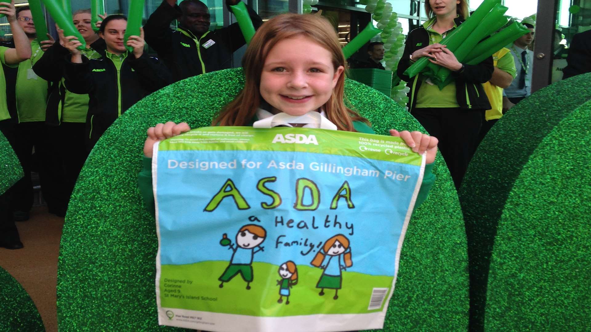 Corinne Howard, 9, who designed the bag for life which is only on sale at the new Gillingham Pier Asda store