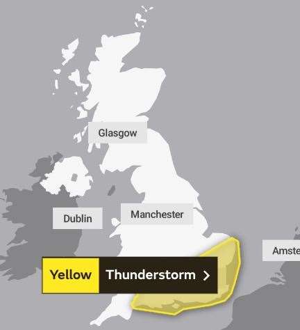 Yellow thunderstorm warnings placed across Kent. Picture: Met Office