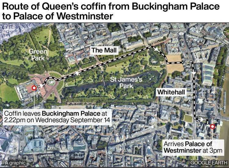 The route the coffin will take on its way to Westminster Hall tomorrow. Picture: PA