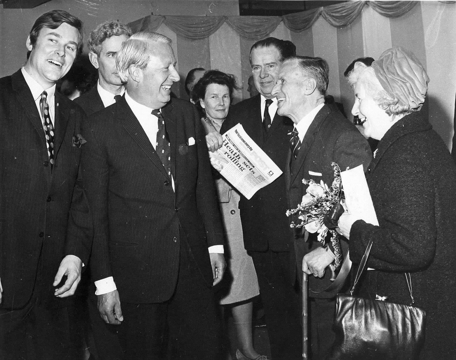 On January 23, 1970, Tory leader Edward Heath visited the Kent Messenger Group's Larkfield headquarters to officially open its new 500,000 web offset press. He is seen here with Edwin Boorman, Mr H R Pratt Boorman and Mrs Boorman and other guests