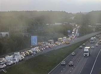 Queuing traffic on the M20. Pic: Highways England