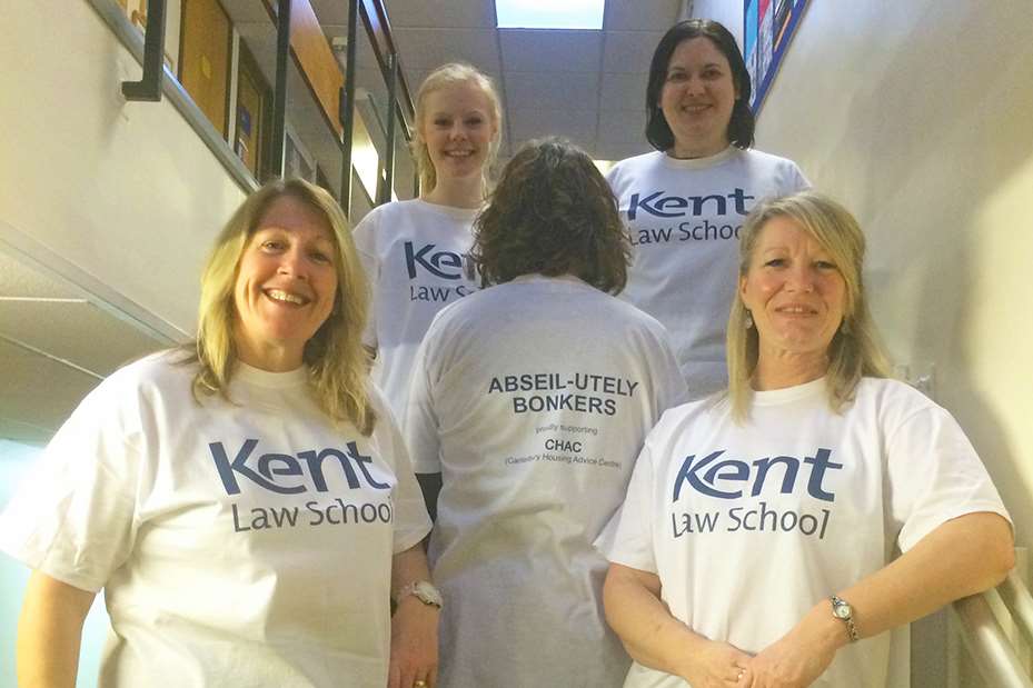 The 'Abseil-utely Bonkers' team from Kent Law School taking part in the Maidstone KM abseil challenge are Amy Brown, Amy Parkes, Professor Didi Herman (middle), Janie Clement-Walker and Dr Karen Devine.