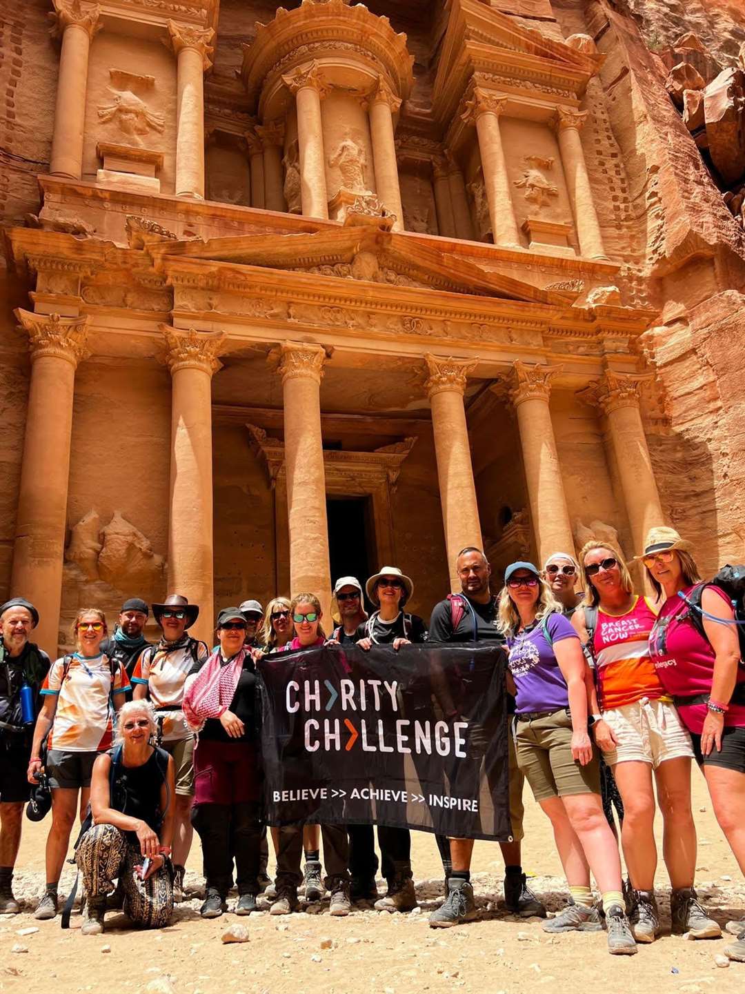 Kerry Banks and Jo Allen with other walkers in Petra. Picture from Kerry Banks