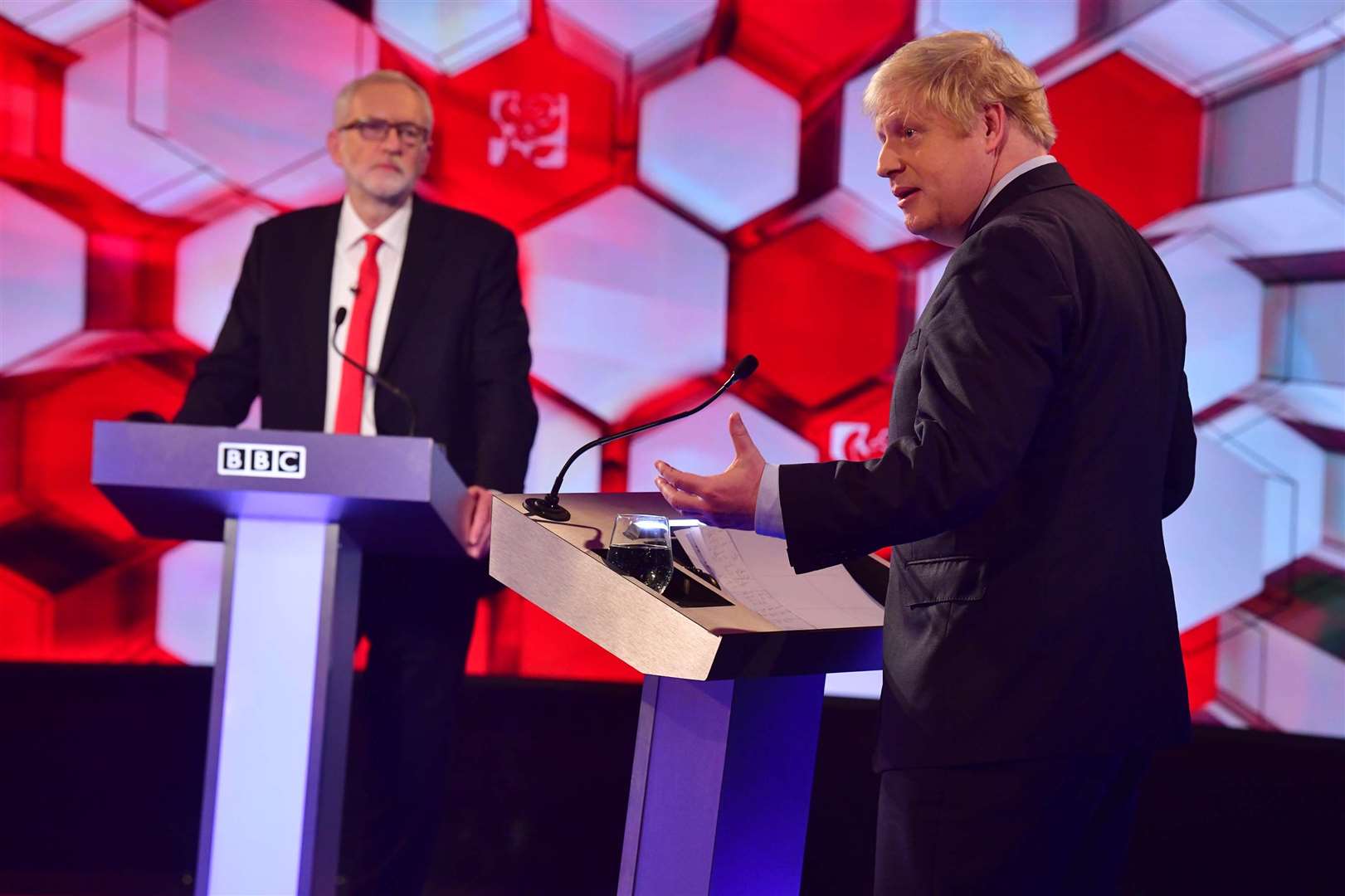 Prime Minister Boris Johnson (right) and Labour leader Jeremy Corbyn going head to head in the BBC Election Debate in Maidstone Picture: Jeff Overs/Press Association Images
