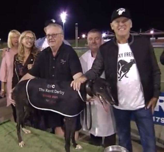 Owner Jozef Kis (wearing cap) with Kent Derby winner Galaxy Freedom at Central Park