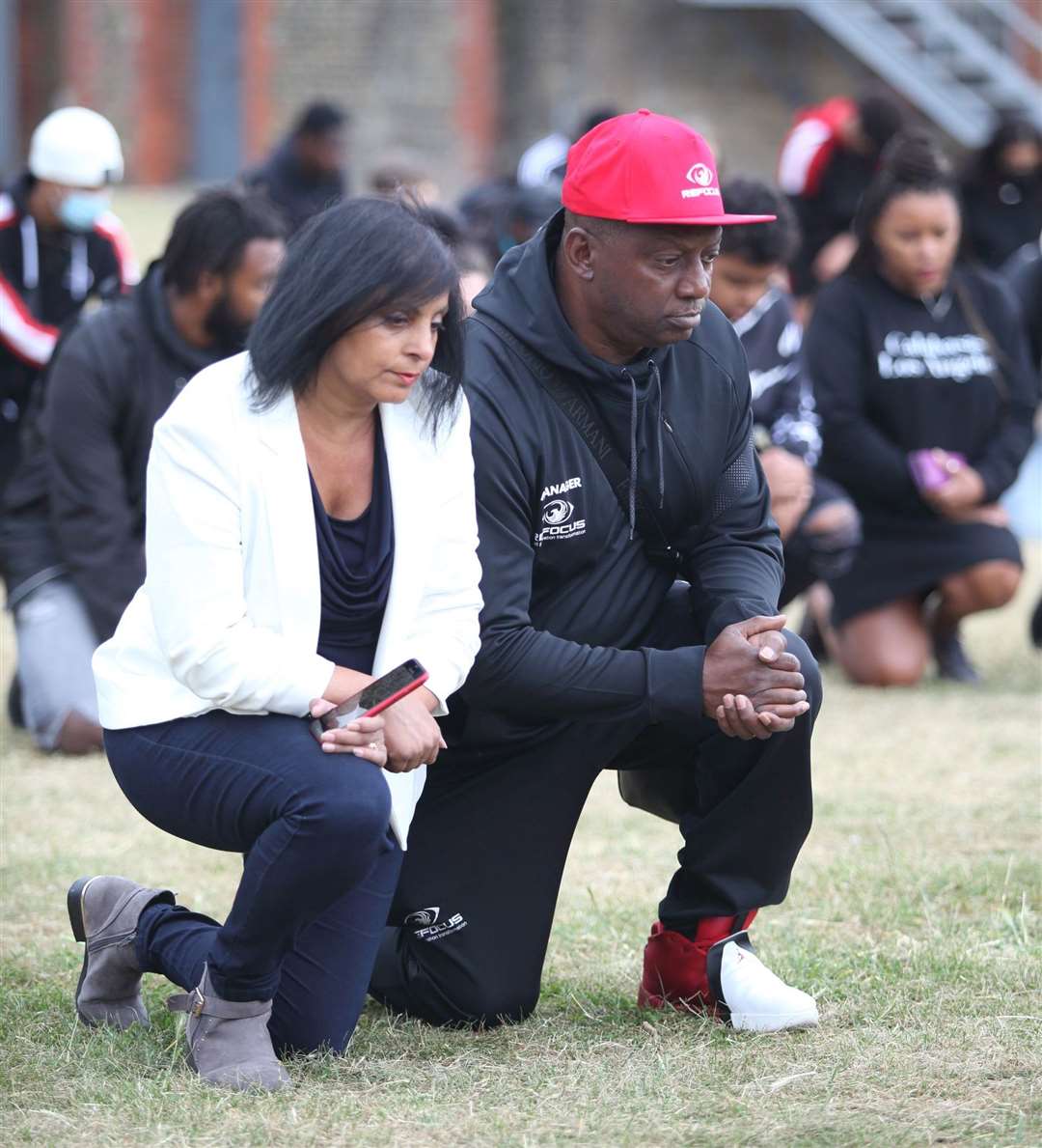 Bali and Lennox Rodgers, who run a crime prevention charity in Dartford take the knee during a Black Lives Matter event Picture: Cohesion Plus