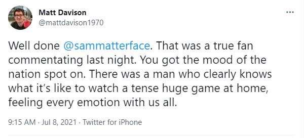 Twitter reacts to Sam Matterface commentating on the England v Denmark Euro semi final on ITV. Picture: Twitter
