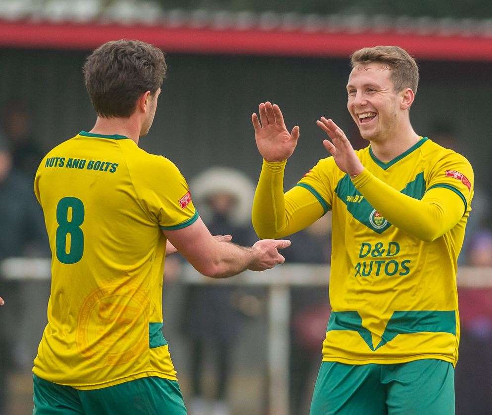 Frannie Collin (No.8) celebrates his goal at Hythe with Josh Wisson Picture: Ashford United