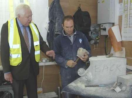 Lord Hattersley meets stonemason Steven Manuel during his visit to the Cathedral. Picture: CHRIS DAVEY