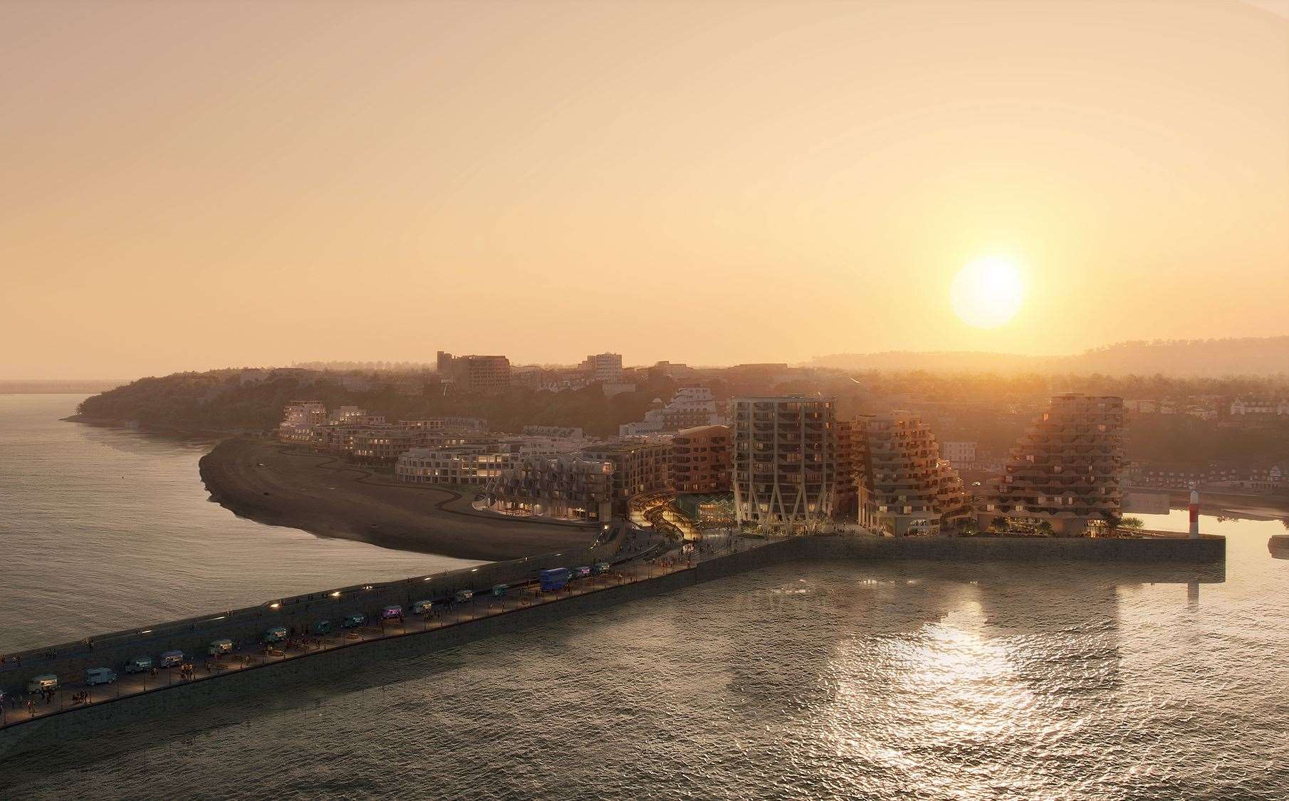 Image showing the proposed Folkestone seafront development – stretching from the already-built Shoreline Crescent flats on the left, to the tower blocks on the harbour arm car park on the right