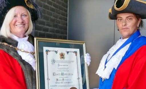 Tracey Emin is presented with the freedom of the town by Margate Mayor Heather Keen. Pic: Frank Leppard