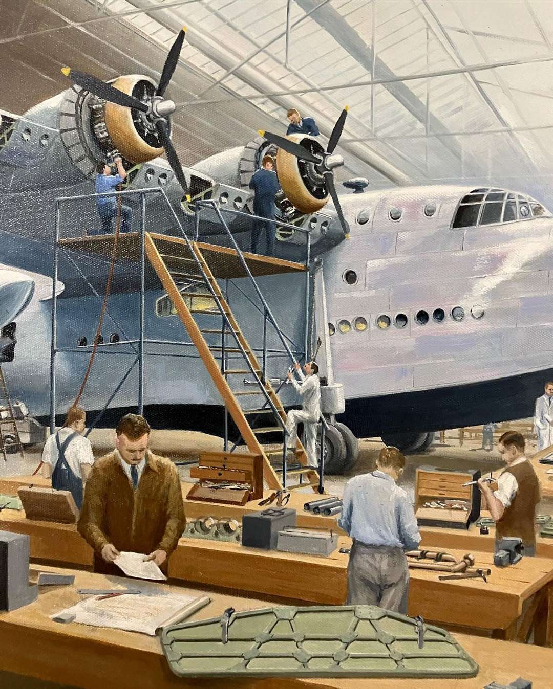‘Final assembly at Rochester’, by David Ellwood, depicts a Short Sunderland III nearing completion at Rochester Seaplane works, where 341 Sunderlands were built.