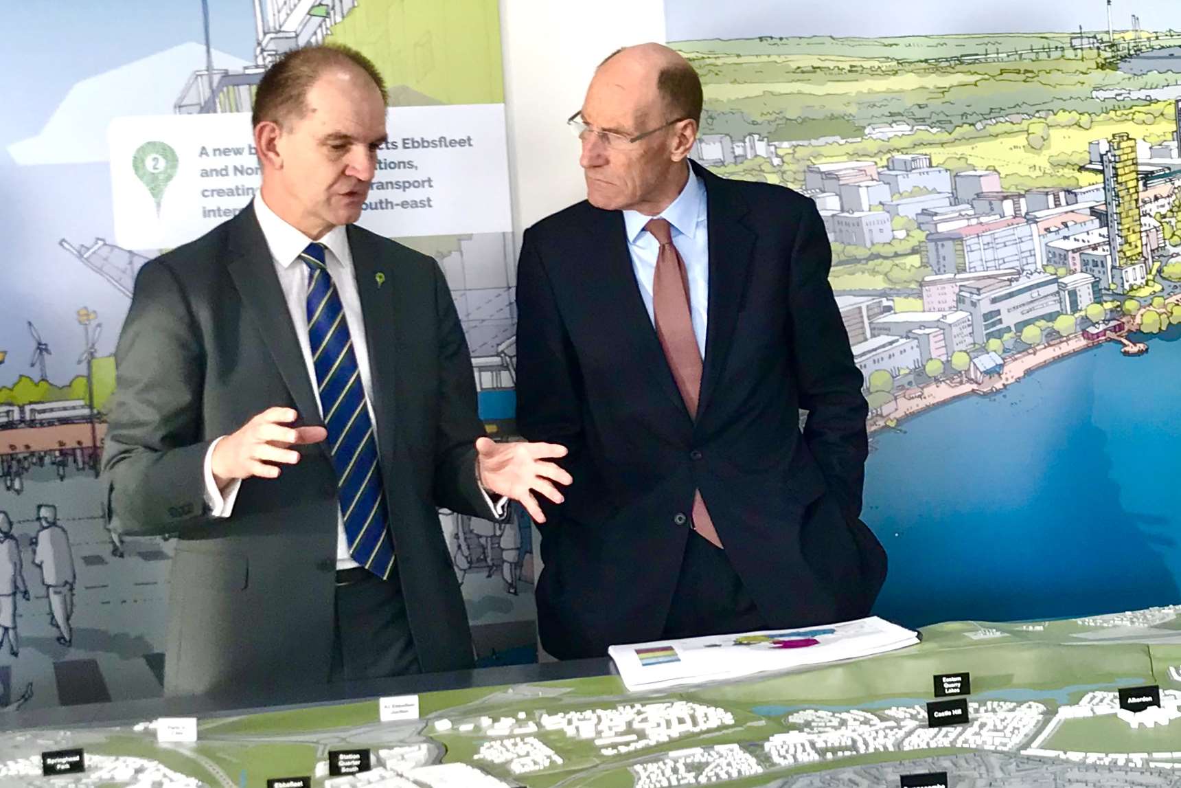 Thames Estuary 2050 Growth Commission chairman Sir John Armitt, right, is shown plans for Ebbsfleet Garden City by development corporation chief executive Ian Piper