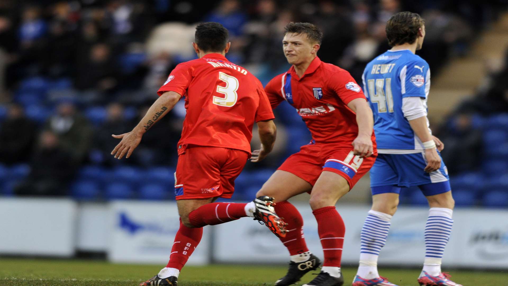 Joe Martin celebrates the opening goal at Colchester Picture: Barry Goodwin