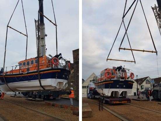 RNLB Her Majesty The Queen being delivered at her new home at the Historic Chatham Dockyard. Picture: Historic Lifeboat Collection