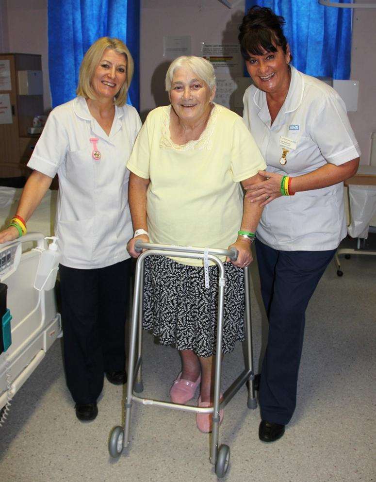 Physiotherapy assistants Deborah Eves and Julie Henderson with June Gildea