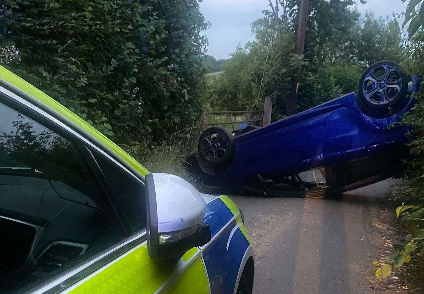 The car ended up on its roof in New Ash Green. Picture: @KentPolice7oaks