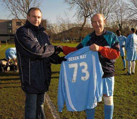 With 1,300 goals to his name, keen footballer and grandfather-of-five Derek May is still going strong.