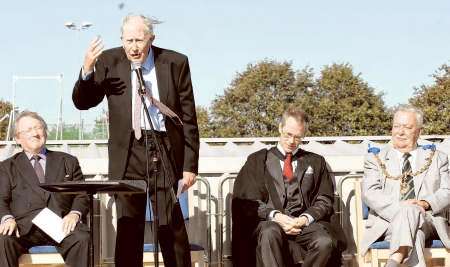 Roger Bannister makes his opening speech at the new athletics track in Maidstone