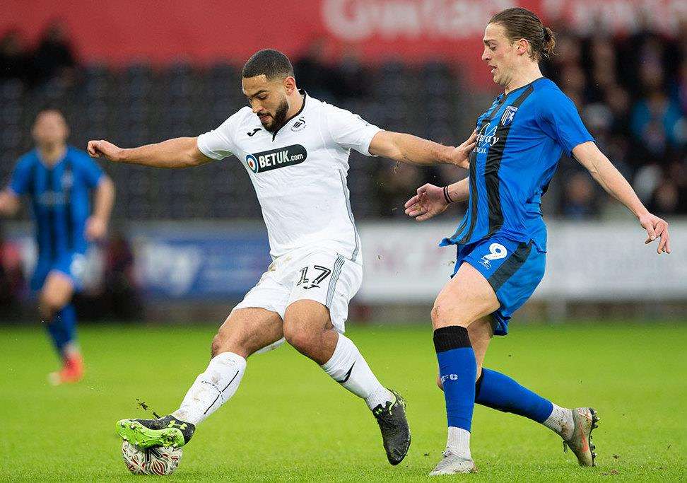 Gillingham striker Tom Eaves looking to win possession Picture: Ady Kerry