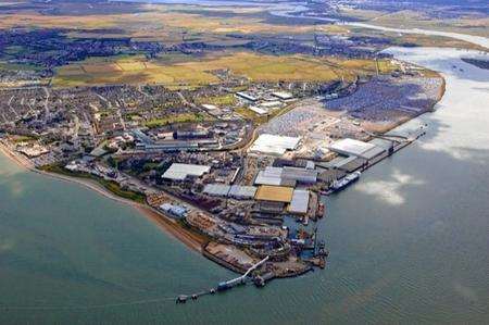 Aerial photo of the Port of Sheerness with an artist impression of how the Vestas development would look