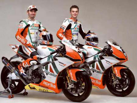 Leon Camier, pictured right, and team-mate Max Biaggi launch the new Aprilia RSV4 - their World Superbike Championship challenger for the 2010 season
