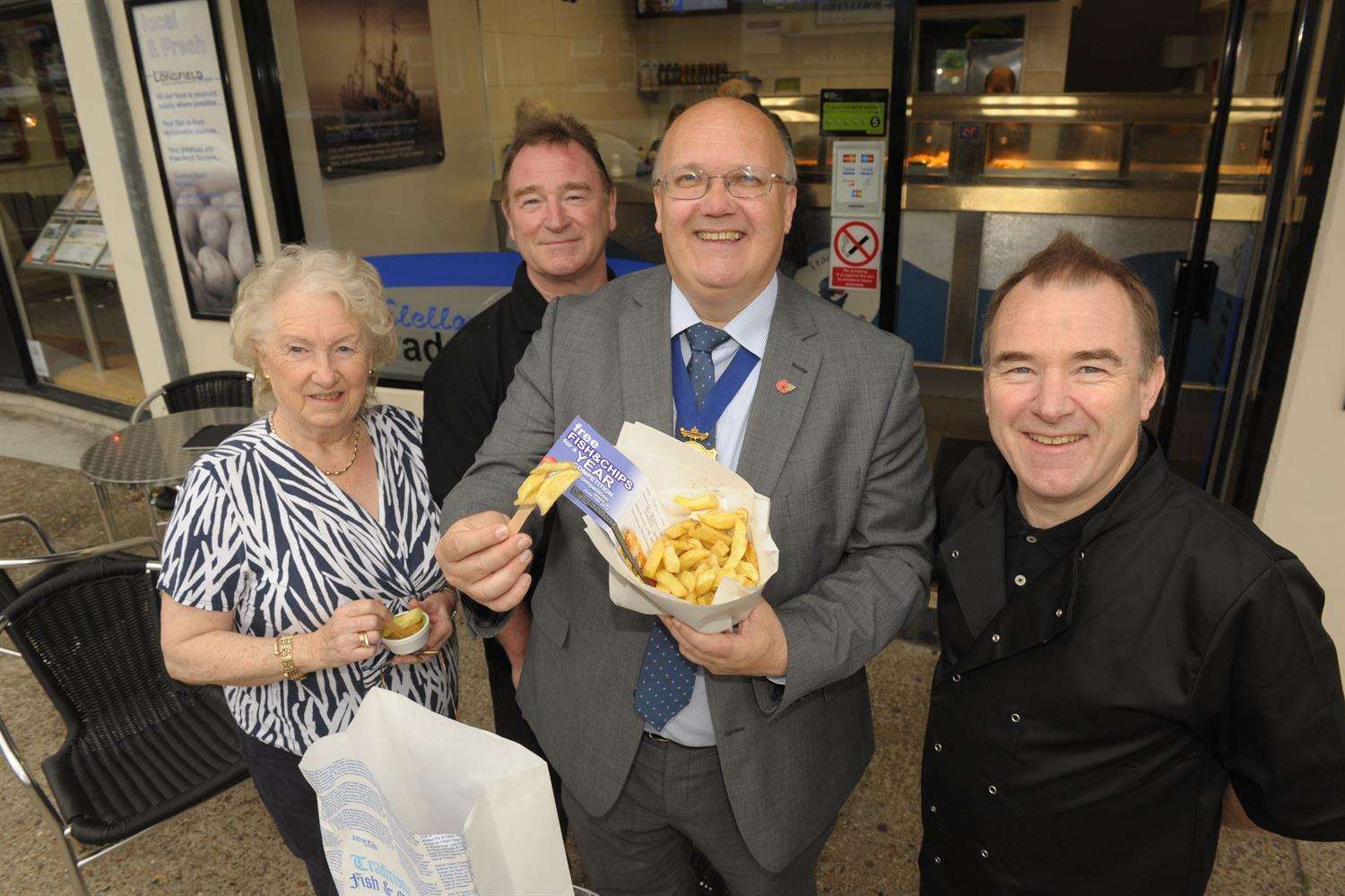 Picking the winner of Fish & Chips for a year, Dorreen McClelland, David and Paul McClelland and Jeremy Kite.
