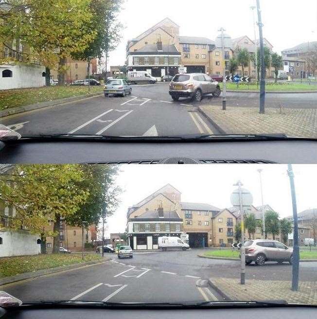 This hapless driver was caught driving round a roundabout the wrong way in Gravesend