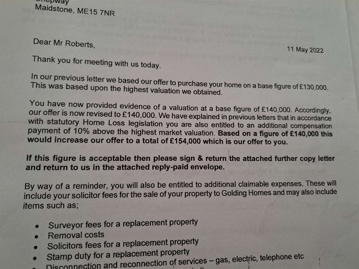 A letter from Golding Homes offering Mr Roberts £154,000 for his flat