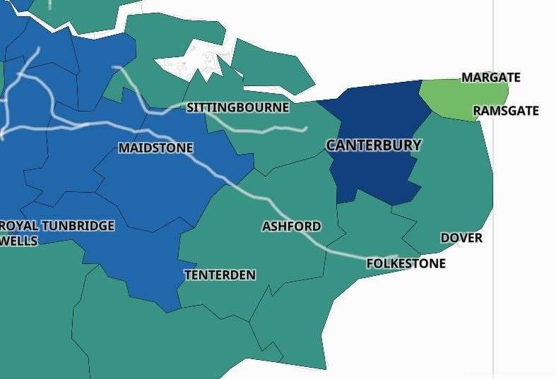 Canterbury is now Kent's Covid hotspot, with the infection rate lowest in Thanet