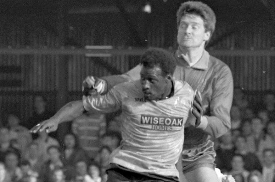 Mark Gall gets stuck in for Stones against Yeovil in 1989 Picture: Barry Hollis